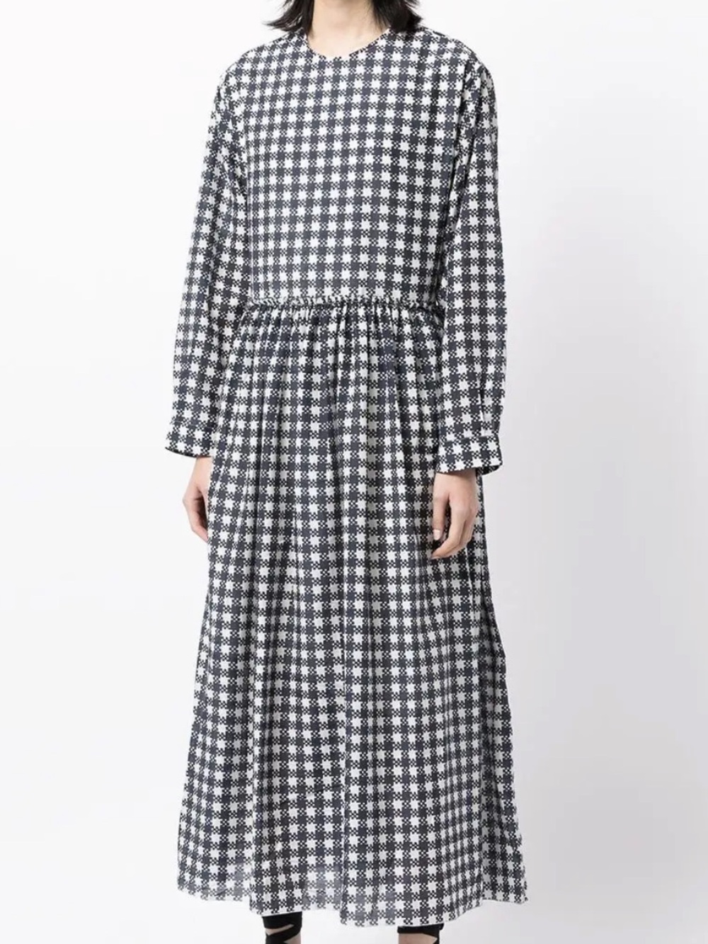 Sara Lanzi Navy Blue Check Silk Cotton Wool Long Sleeve Midi Dress Small